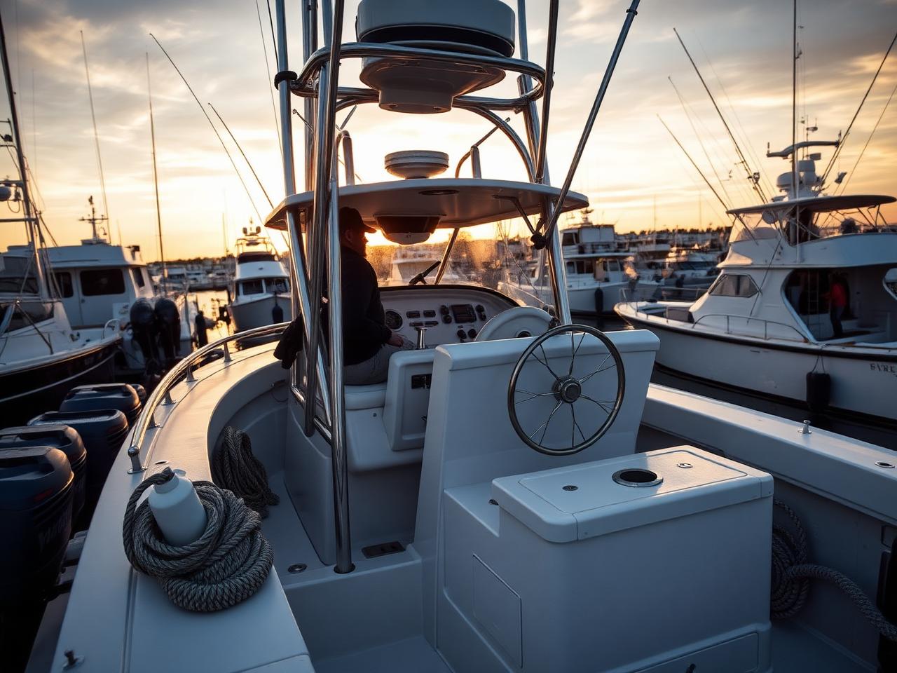 Charter boat captain at the helm in a marina at golden hour