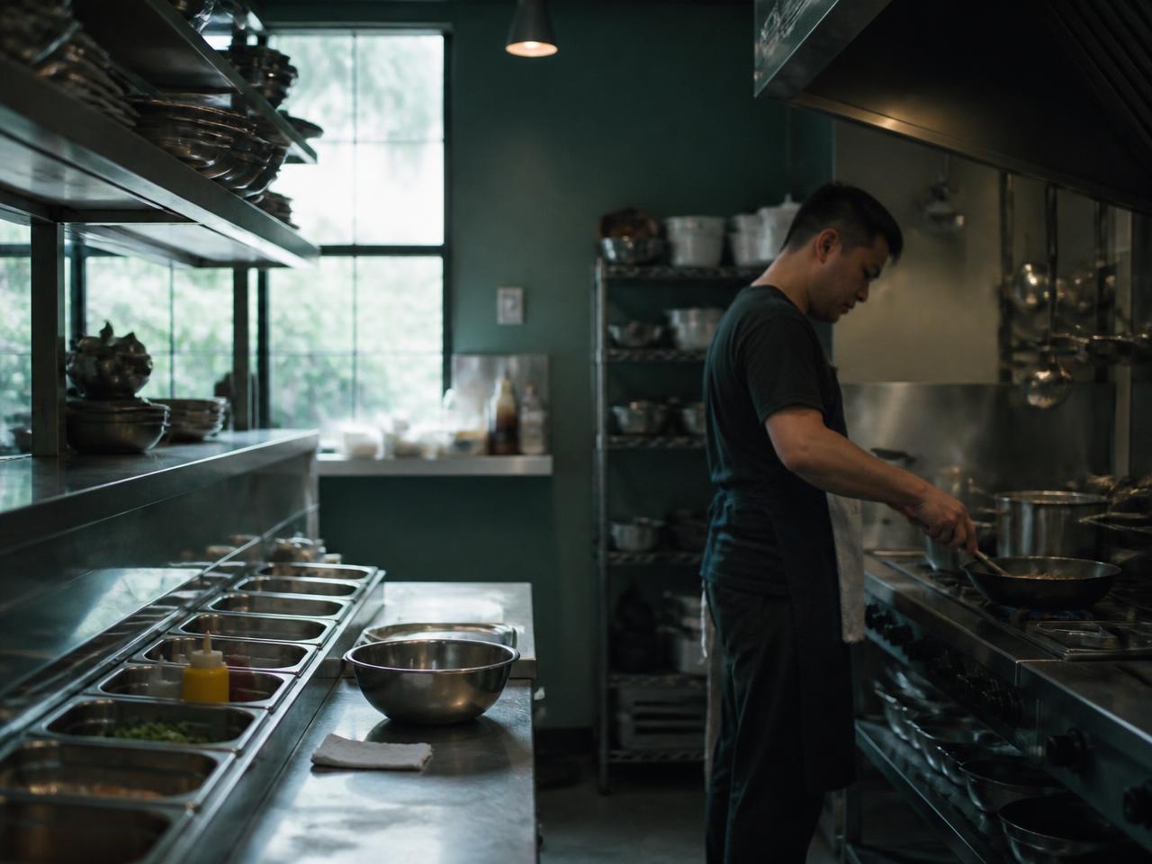 Cook working the line in a small restaurant kitchen