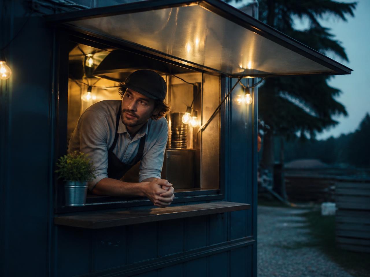 Food truck owner at the service window at dusk