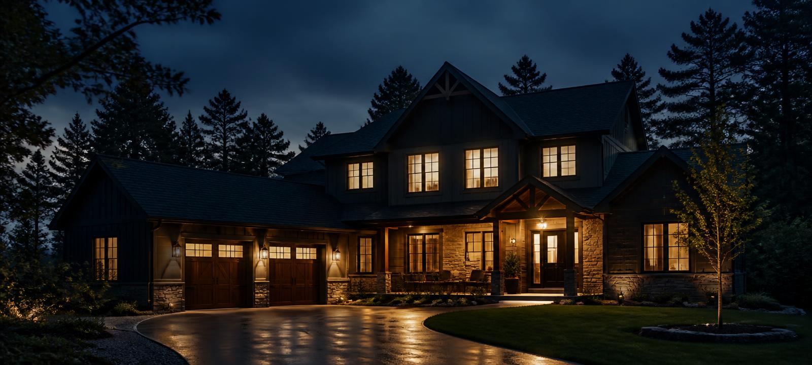 A family home at dusk with lights on
